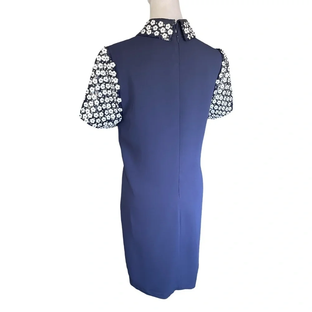 Michael Kors Floral Appliqué Collared Shift Dress Navy Blue and White Size 8